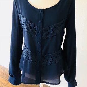 Mine blue button down top with lace detail